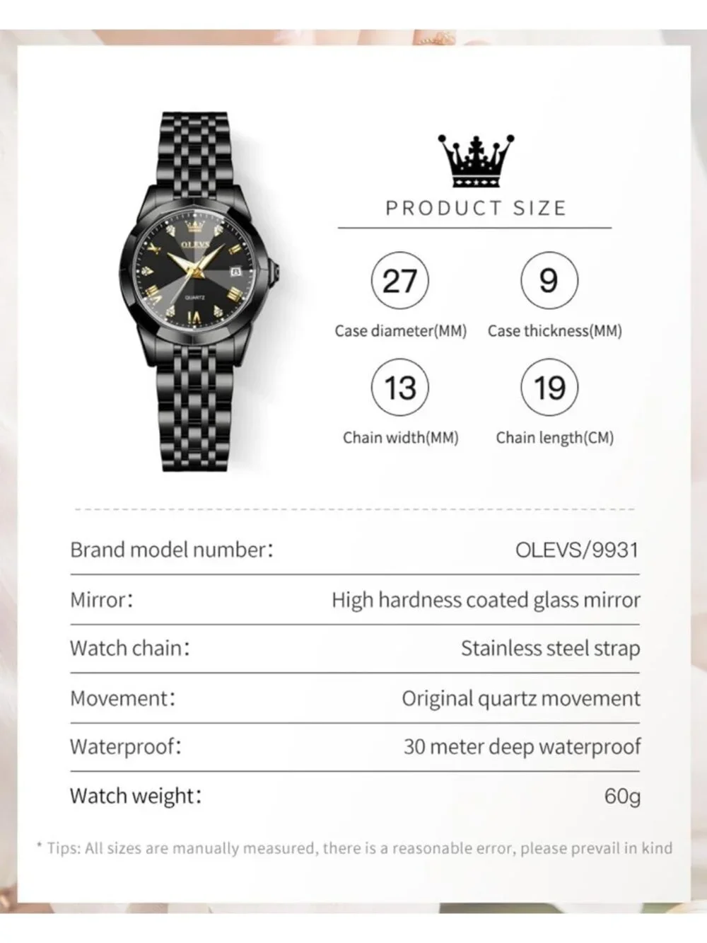 Women's Black Band/Black Dial Stainless Steel Luxury Quartz Analog Wrist Watch